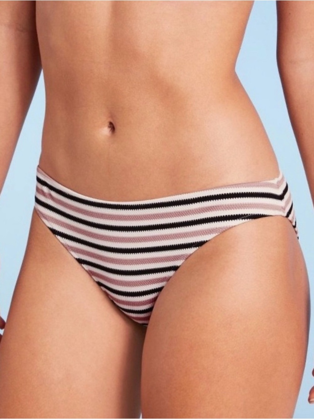 Shade & Shore Women's Textured Cheeky Bikini Bottom Striped Mauve, Black & White